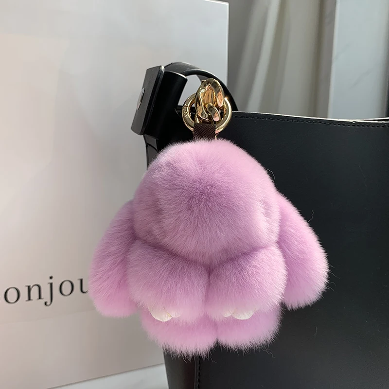 100% Natural Rex Rabbit Fur Cute Fluffy Bunny Keychain Real Fur Key Chains Bag Toys Doll Lovely Keyring Pendant