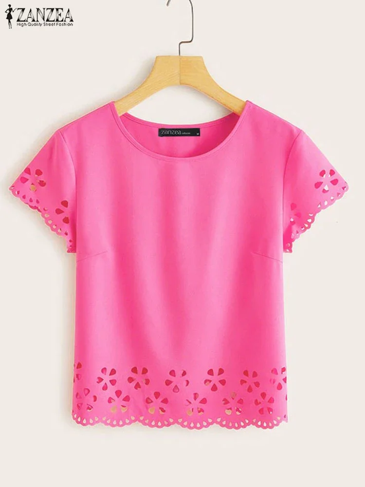 ZANZEA ผู้หญิงฤดูร้อนเสื้อยืดแขนสั้น Hollow OUT Casual Tees เสื้อแฟชั่น O-คอหลวมเสื้อสีทึบเสื้อ OVERSIZE 2025