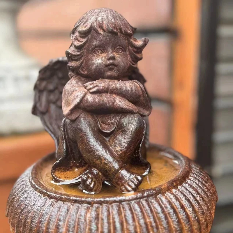 Cast Iron Angel Garden Statue, Vintage Outdoor Patio Decor, Small Courtyard Sculpture for Balcony & Yard, Rustic Home Accent
