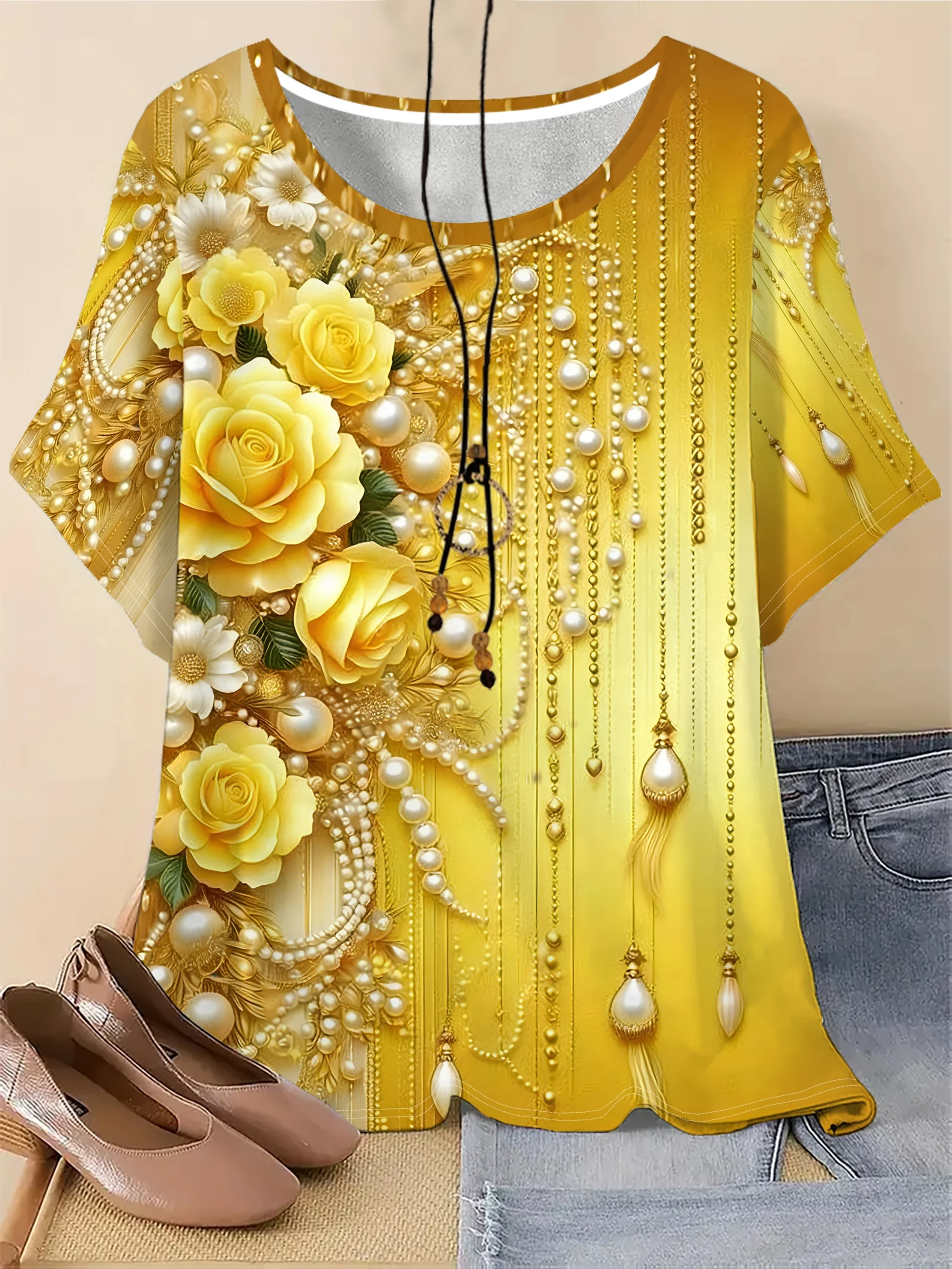 Women Crew Neck Short Sleeve T-shirt Golden Yellow Rose Pearl Chain Print Elegant Floral Casual Daily Summer Top