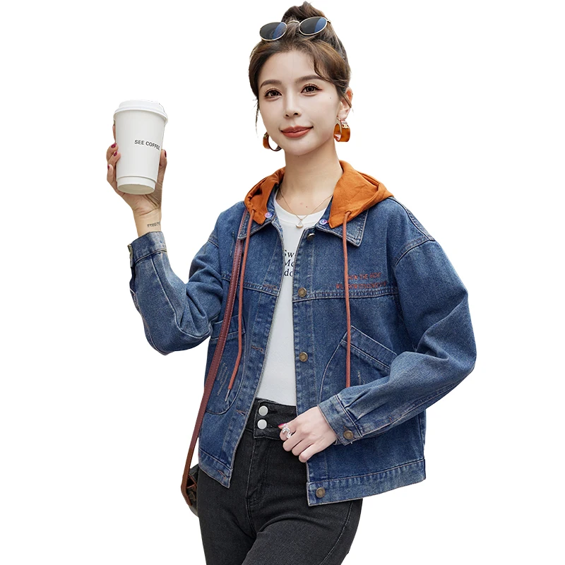 เสื้อแจ็คเก็ตยีนส์มีฮู้ดลำลองสำหรับผู้หญิง ทรงหลวม สวมใส่เป็นเสื้อนอกได้ ผ้าผสมคอตตอนและโพลีเอสเตอร์ ช่วยลดเลือนริ้วรอย สไตล์เกาหลี แฟชั่นฤดูใบไม้ร่วง