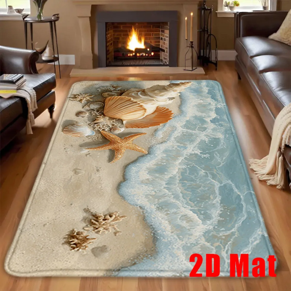 Nautical Coastal Beach Rug Mat Polyester Seashore Starfish Seashell Print Indoor Area Floor Carpet for Living Room Bedroom