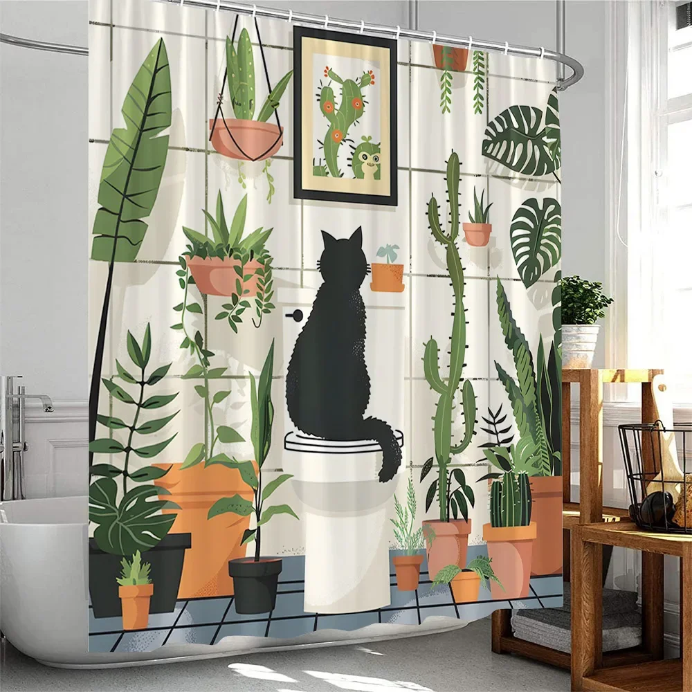 

Plant Shower Curtain Cats Green Potted Plants Leaves Cat on the Toilet Modern Bathroom Decor Polyester Fabric Bathtub Curtain