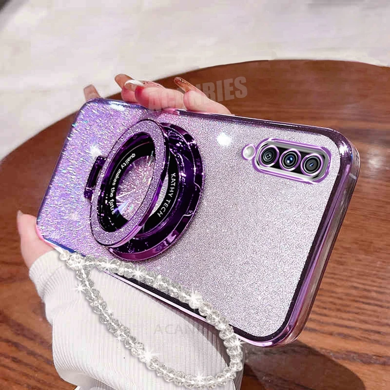 A 50 70 30s Glitter Plating Holder Chain Case For Samsung Galaxy A50 A70 A30s A7 2018 A20 A30 A21s Lanyard Silicone Stand Cover