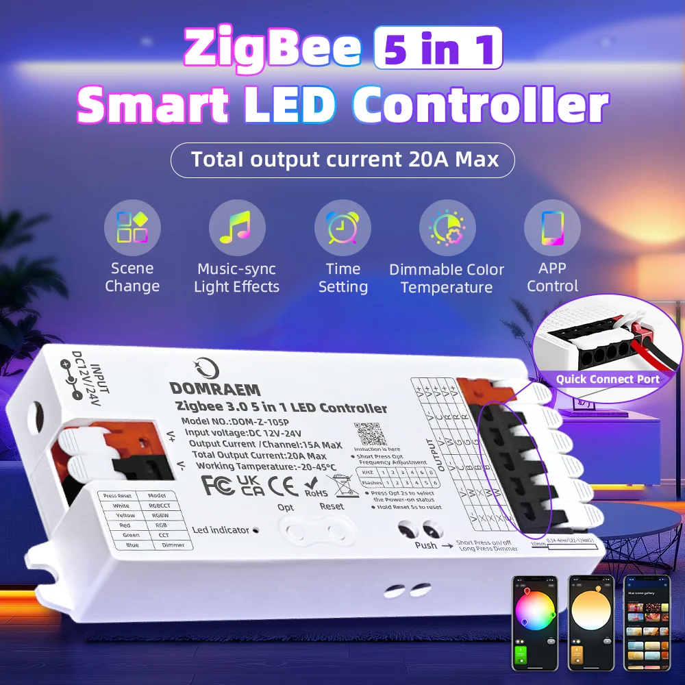 DOMRAEM Zigbee3.0 5-in-1 LED-Streifen-Controller RGBCCT RGBW RGB CCT Dimmer PWM Kompatibel mit Hu*e Tuya Smart Life Alexa Sprach- & App-Steuerung DC12V-24V Weitspannungsbereich Einfarbige LED-Streifen