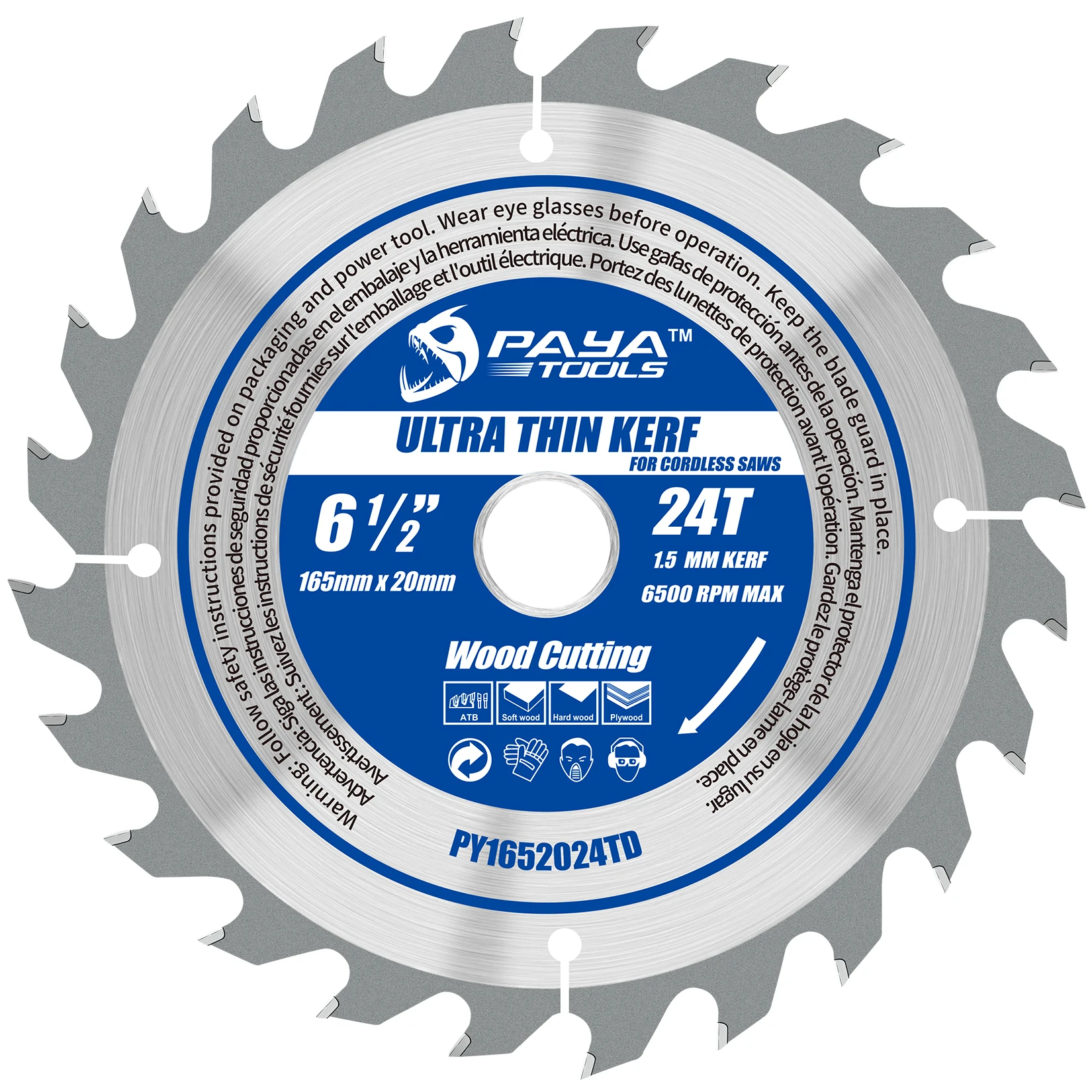

PAYA 6-1/2-Inch 24-Tooth Circular Saw Blade 1.5mm Ultra Thin Kerf for Cordless Saws TCT ATB Framing Blade for Wood Fast Cutting