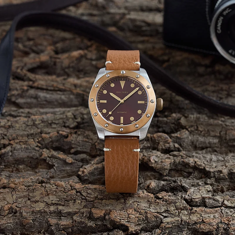 Baltany Vintage Unique Tonneau Wristwatch S4030 NH38 Burgundy Dail Super Luminous 20ATM Stainless Stell Automatic Bronze Watches