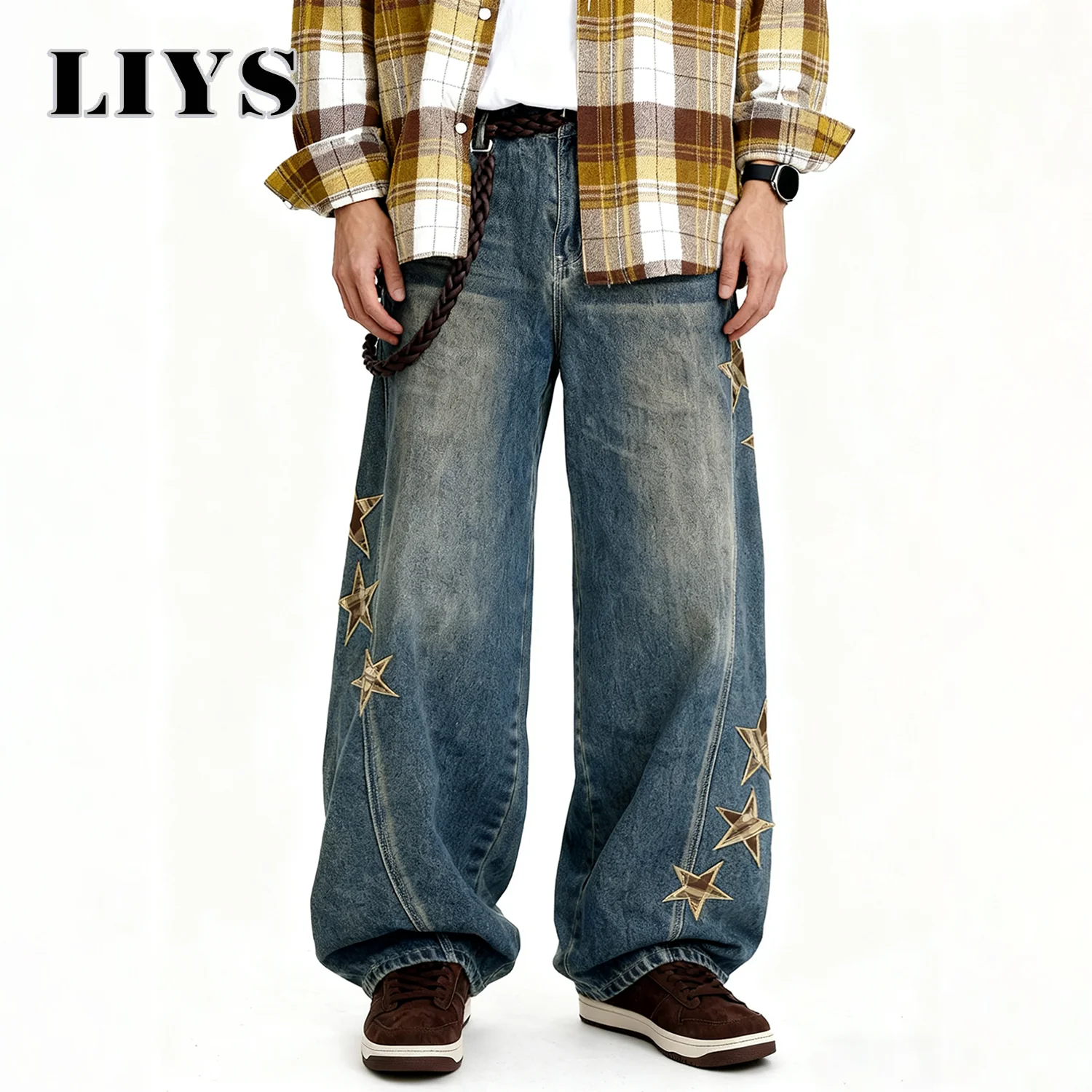 

Американские ретро лоскутные синие мешковатые широкие мужские джинсы High Street с пятиконечной звездой в стиле пэчворк, свободные джинсовые брюки с вышивкой