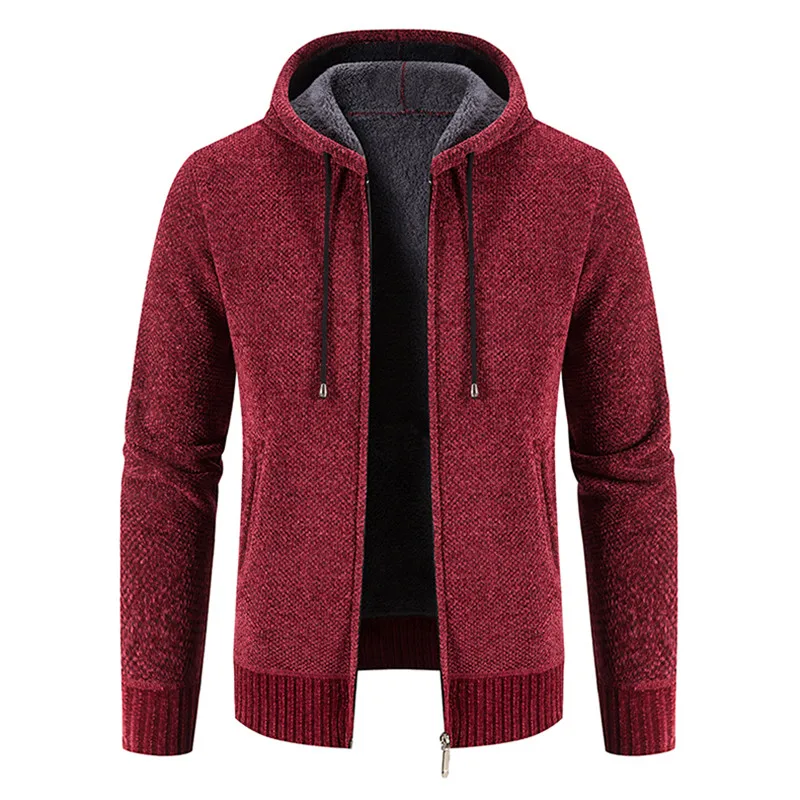 2024 New Winter Mens Sweaters Hooded Fleece Cardigan Men Knitted Warm Sweatercoat Solid Casual Hooded Sweater Jacket Man