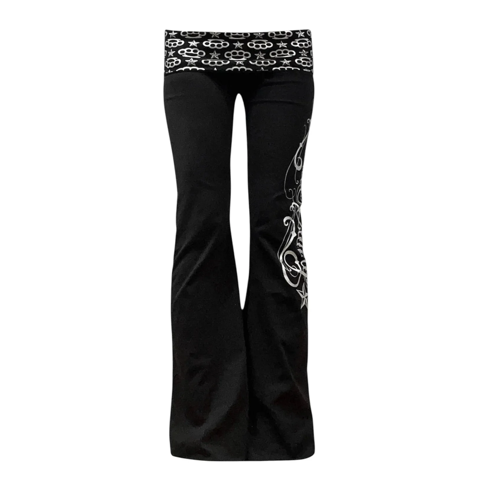 Y2K Dark Retro Spice Girl Style, Low Waist Trousers, Printed Patterns, Slim Hips, High Street Fashion Ladies Bell Bottoms.