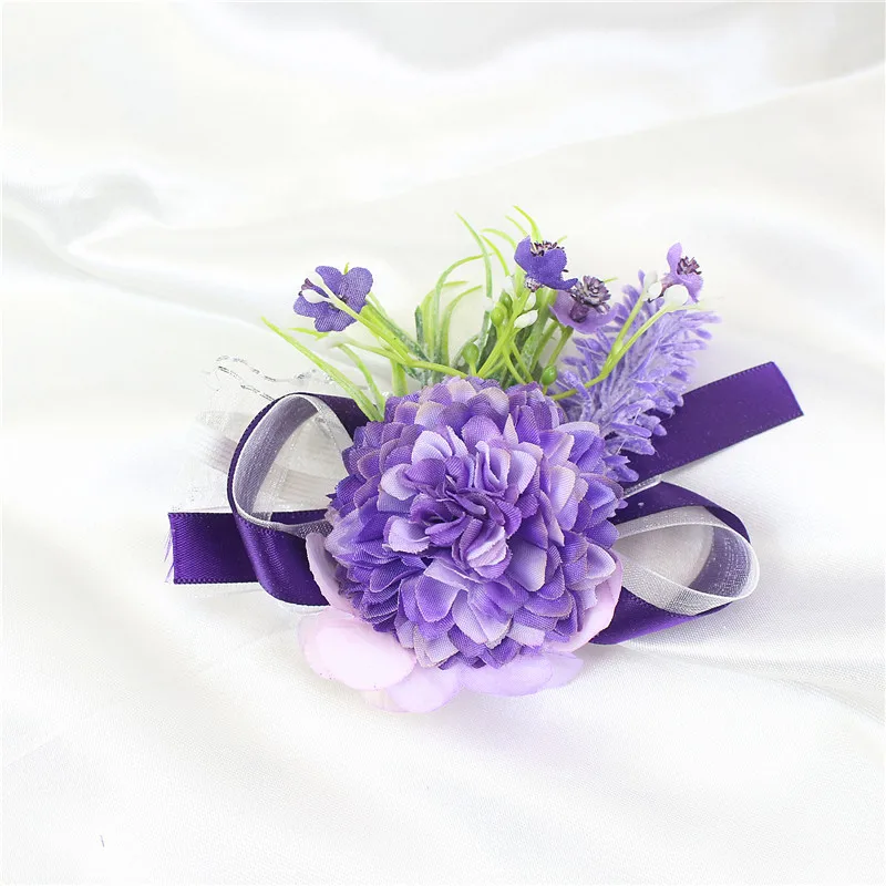 Meldel Boutonniere-ramillete de muñeca para novia, pulsera de boda para novio, flor Artificial, blanco y morado