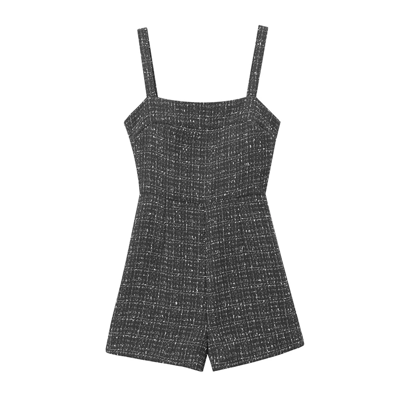 

YENKYE New Women Black Tweed Short Jumpsuit Sexy Sleeveless Square Neck Elegant Romper Autumn Winter High Street Playsuit