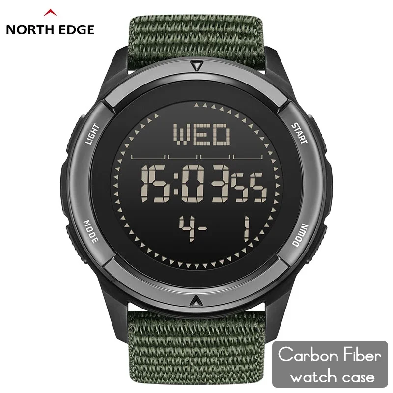 NORTH EDGE ALPS Men\'s Digital Carbon Fiber Watch Shock Militray Sports Super Light Outdoor Compass Waterproof 50M Wristwatches