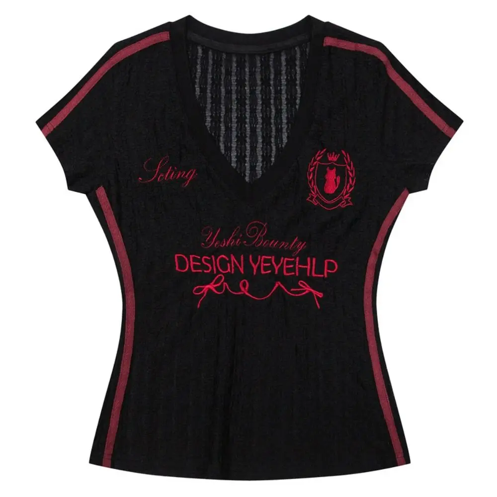 Micro Transparent V-neck T-shirt Lace Embroidery Short Sleeved Lace Embroidery Top Slim Fit Letter Graphic Y2k Aesthetic Top