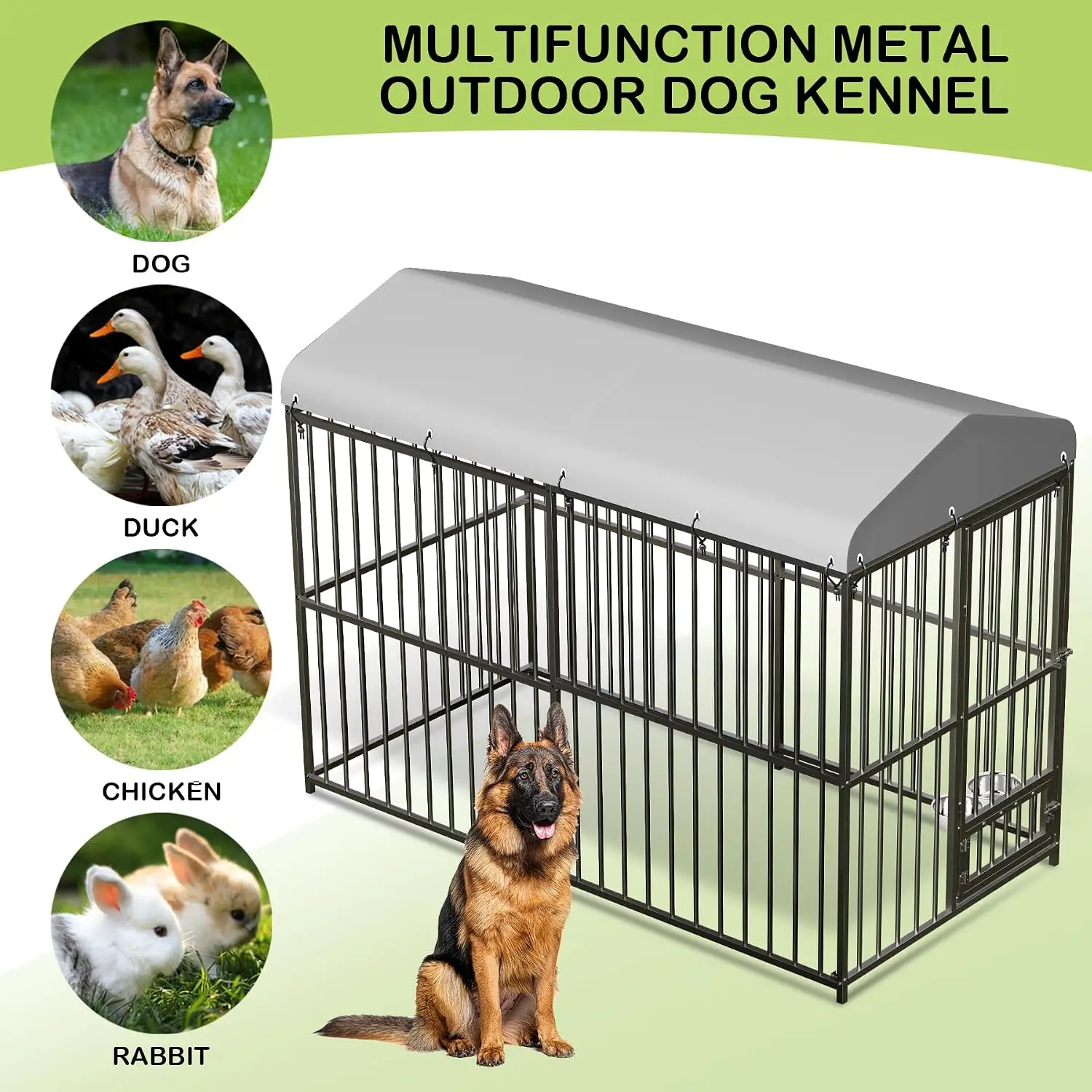 8x4FT Metal Dog Kennel Outdoor With Waterproof Roof, 2 Bowls, Feeding Door, Lock, Rust Resistance Fence For Garden, Customized