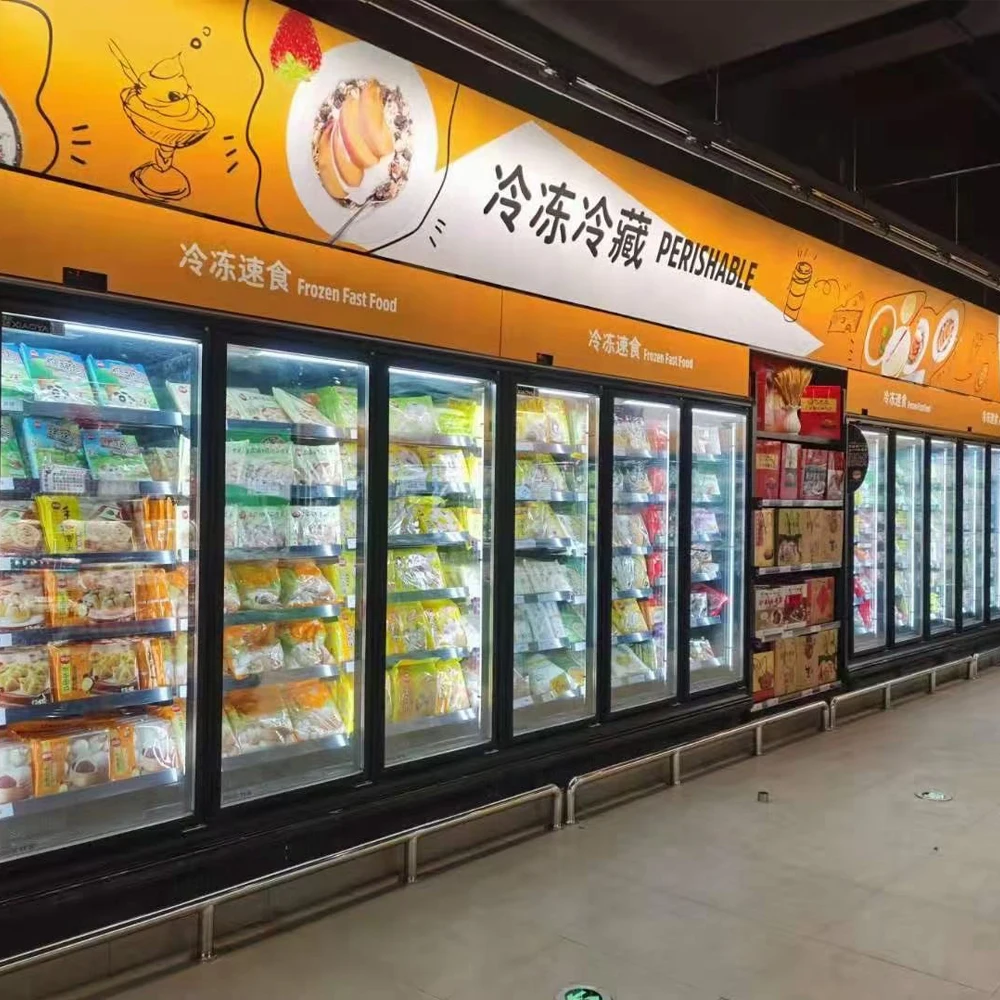 FOODLINE Customized Temperature Refrigerator Freezer Supermarket Upright 4Glass Door Beverage Cooler Freezer Chiller Display for