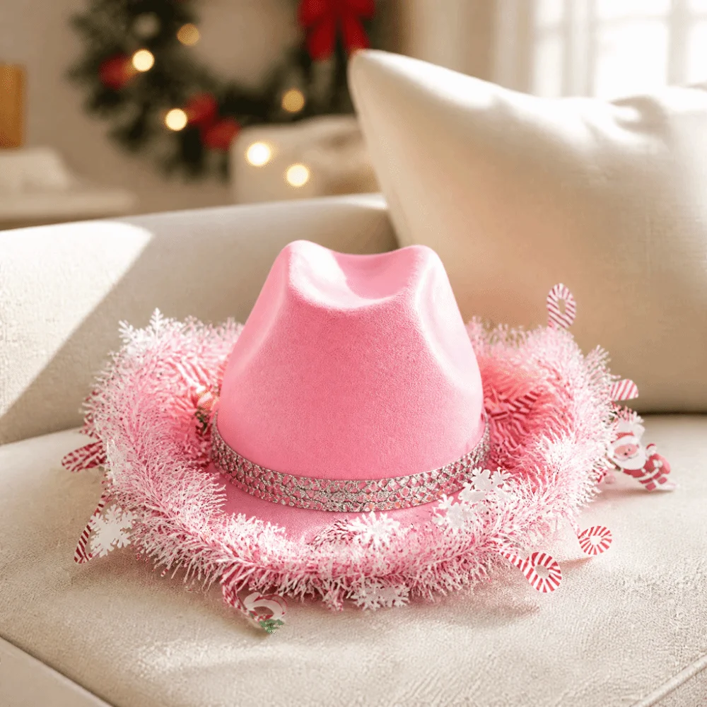 Ribbon Decoration Christmas Cowboy Hat Sunscreen Vintage Western Hat Snowflake Santa Claus Design Wide Brim Hat