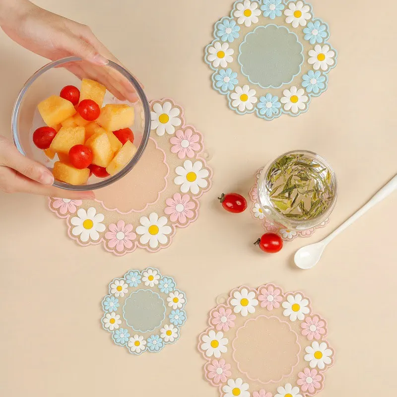 JCD Cherry Blossom Daisy Silicone Coaster Insulation Mat Non-Slip Mat Tea Cup Mat Anti-Scald Dining Table Mats Cup Coasters