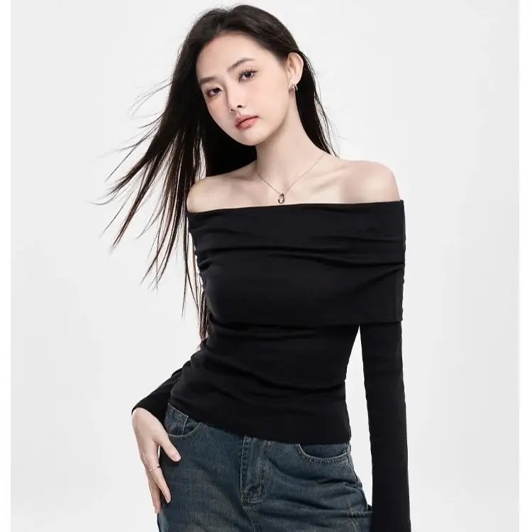 One- Shoulder Black Strapless Bottom Women Autumn Winter Long Sleeve Knitted Thread Slim Slimming Top Slim Soft