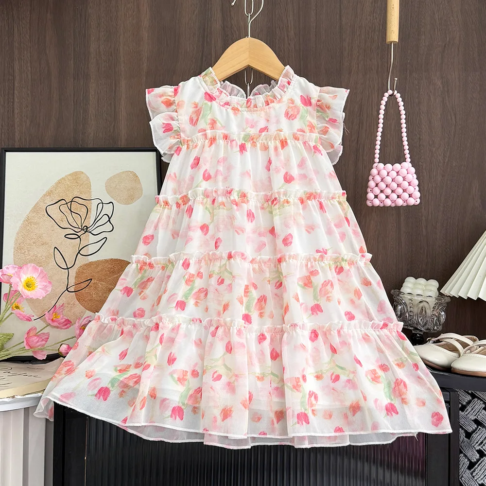 Summer Flower Girl Dresses Bow Petal Print Sleeveless Pink Dresses Korean version Daily Casual Kids Clothes 2-7 Years Old Wear