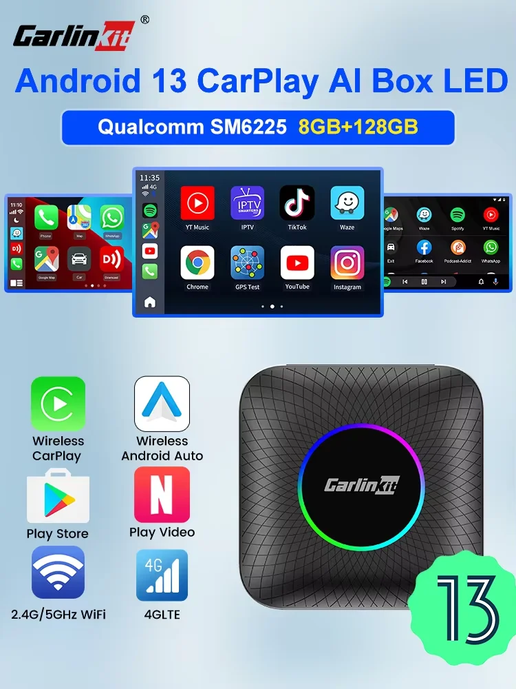 CarlinKit Android 13 Ai Box Wireless CarPlay & Android Auto für Netflix YouTube 2,4 GHz & 5 GHz WiFi BLE Auto Connect CarPlay Ai Box