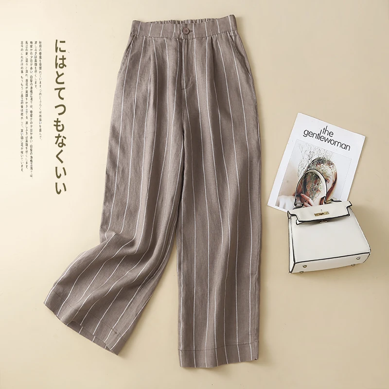 

High Waist Wide Leg Pants Striped Cotton Linen Casual Trousers for Women Comfortable Loose Fit Nine Points Button Detail
