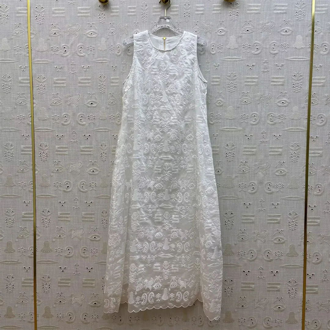 

Elegant Lady Fashion Maxi Long Dress Women Embroidery Cartoon Pattern O-neck Sleeveless Gold Lip Zipper A-line Loose Dresses