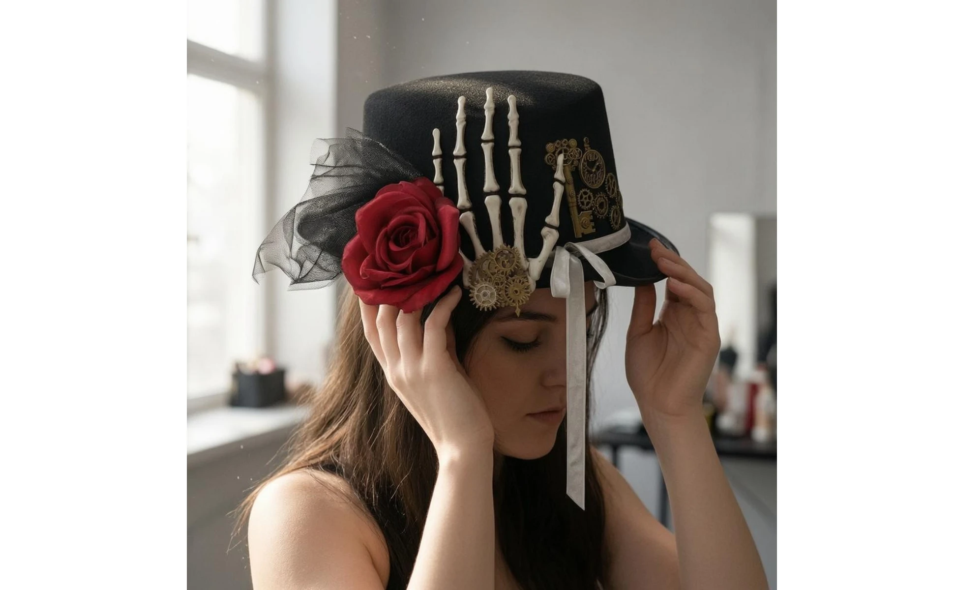 Gothic Steampunk Hat Gear Accents Gothic Top Hat Headwear Tulle Trim Gothic Steampunk Hat Gear Accents Gothic Top Hat Headwear Tulle Trim