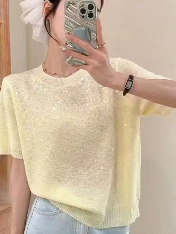 

Glittery ort Sve Knitted Sweater Women's Heavy Embroidery Faionable Versatile Inner Wear Small Fraance Sle Top