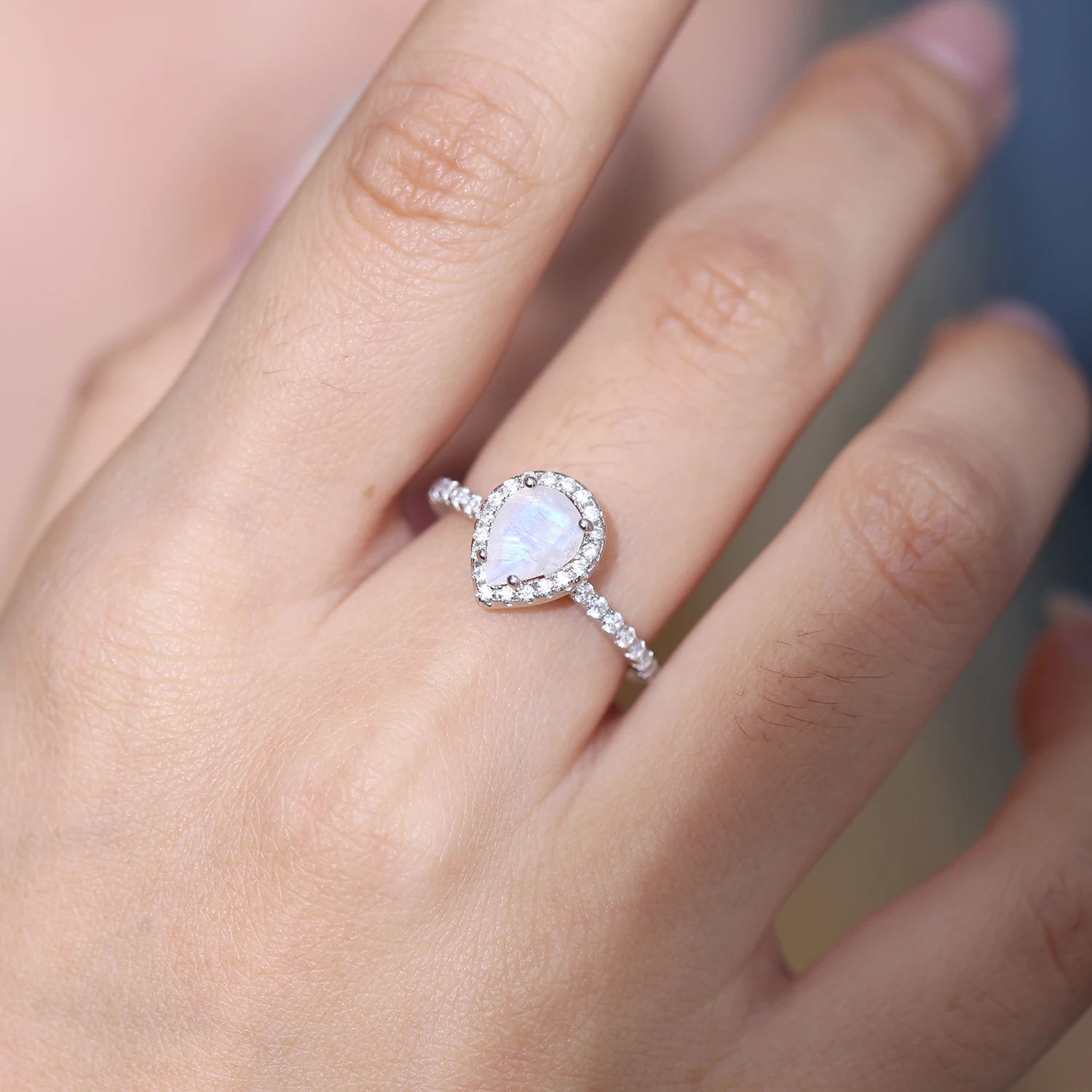 GEM'S BALLET June Birthstone 925 Sterling Silver Vintage Pear Shaped Milky Blue Moonstone Halo Engagement Ring Gift For Her