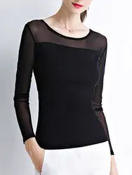 Spring Summer Charming Simple Solid Blouses Elegant Lace Woman All-match Splicing Casual Sheer T-shirt Long Sleeve Female M-3XL