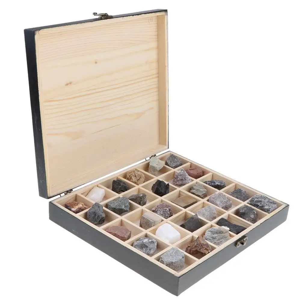 

30pcs Collection of Wooden Sedimentary Rocks Dispaly Box Geology