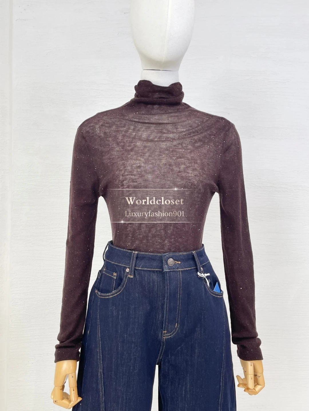 

Brown Long Sleeve Yarn Fur Collar Knit Slim Pullover Long Sleeve Blouse Tops