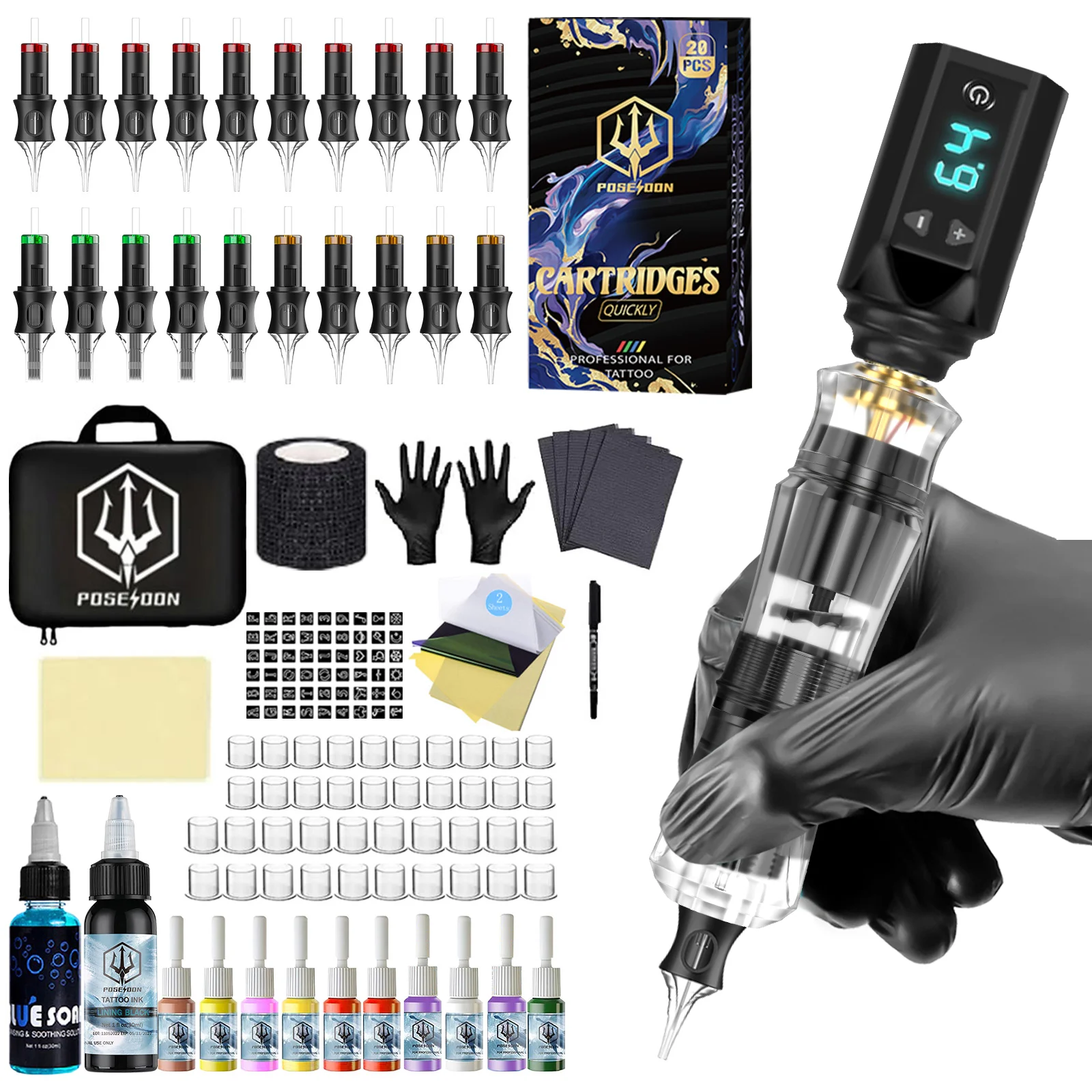 

Tattoo Kit POSEIDON V5 New Tattoo Pen Kit For Permanent Makeup Tattoo Machine Kit transparently Tattoo Power Supply Tattoo Kit