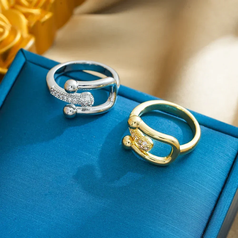 Кольцо с застежкой в форме подковы с бриллиантом для женщин и кольцо с листом циркона для женщин.