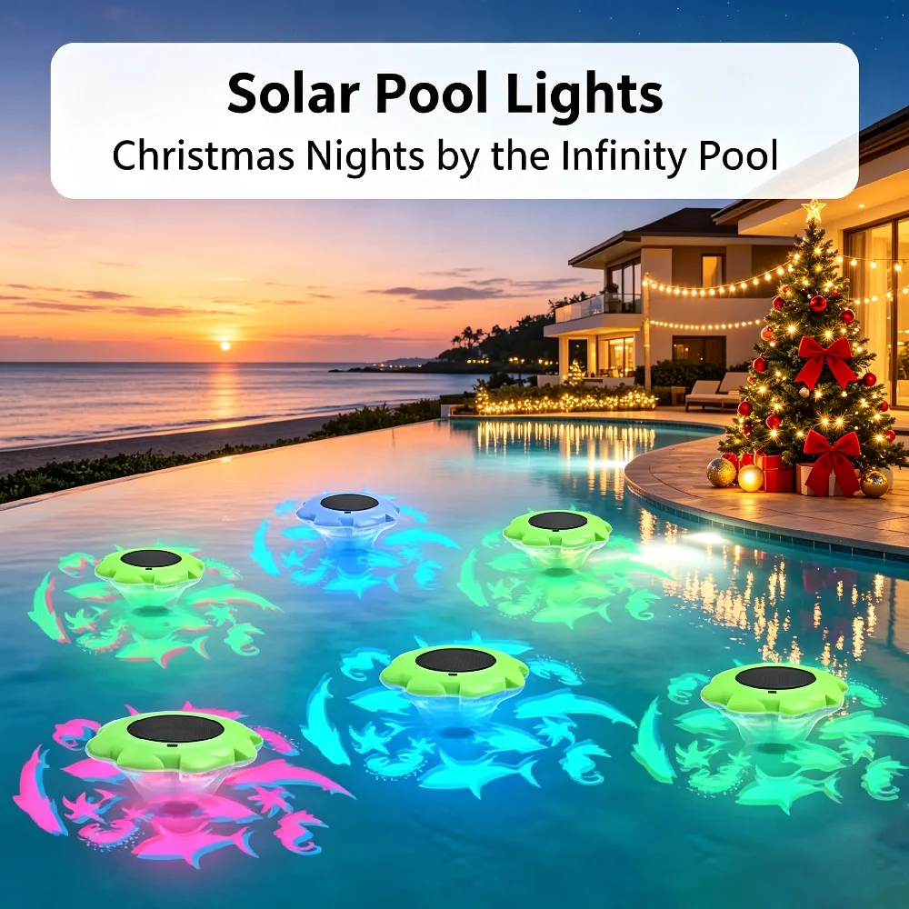 Christmas Solar Underwater Floating Pool Projector Lights IP68 Waterproof Color Changing LED Lamp for Pool & Pond Holiday Decor