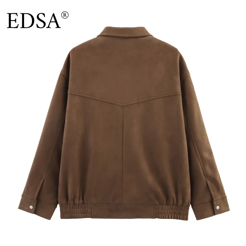 سترة نسائية من جلد الغزال من EDSA مع جيوب بغطاء قلاب وأكمام طويلة وسحاب جانبي ملابس خارجية للخريف للسيدات في الشارع