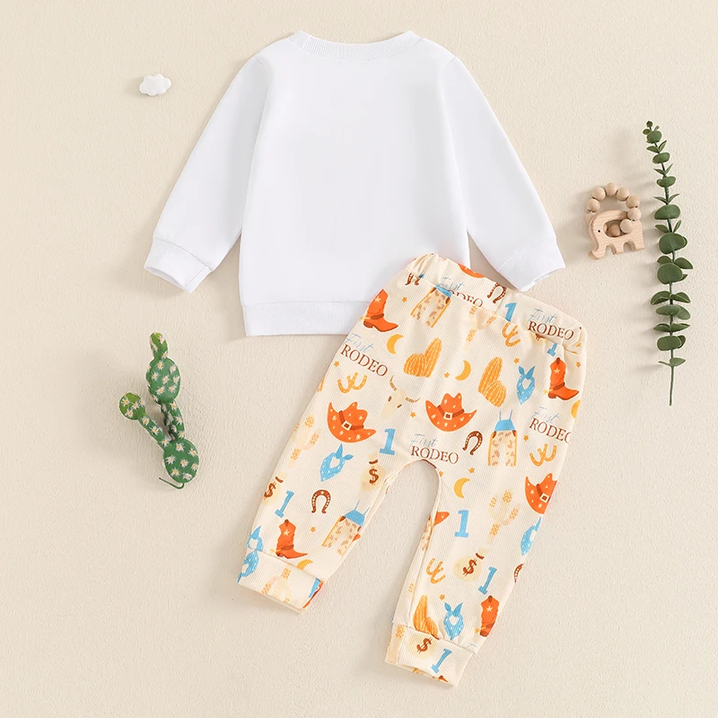 2024-07-02 Lioraitiin Toddler Pants Set Cowboy Letter Print Long Sleeve Round Neck Sweatshirt Pockets Long Pants Outfits