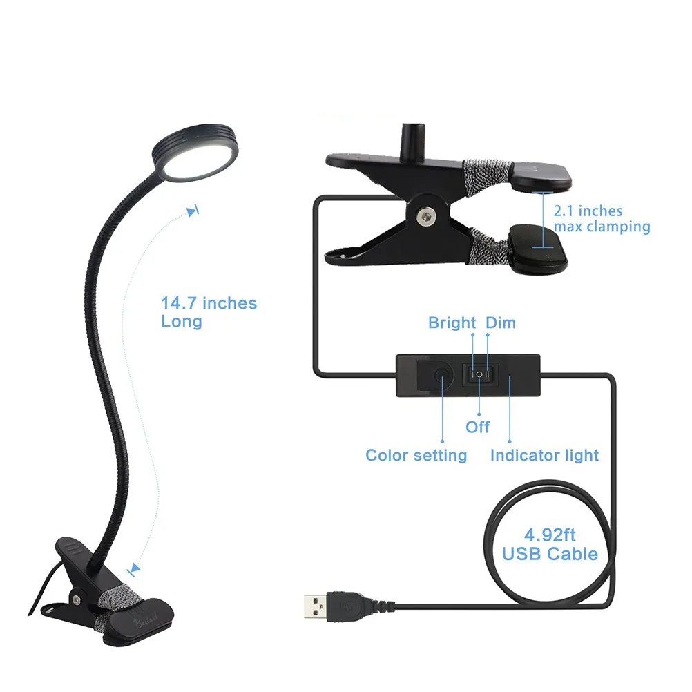 Luz de Leitura com Clip para Livros, 15 Polegadas, Braço Flexível Ajustável, 3 Temperaturas de Cor, 2 Modos de Brilho, Luminária de Mesa com Grampo