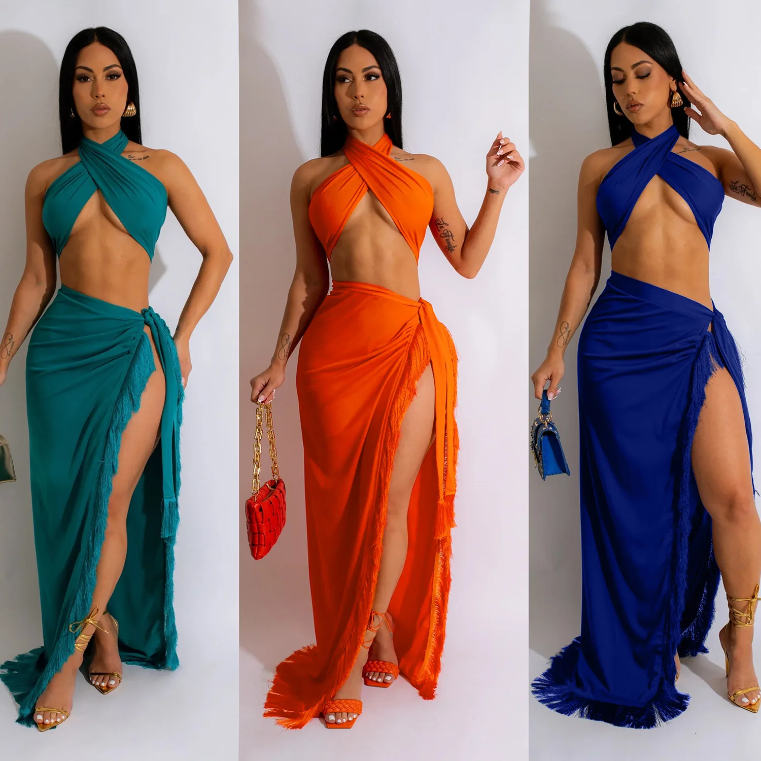 Summer Fringe 2 Piece Skirt Sets Sexy Cropped Tops Outfit 2023 Beach Wear Elegant Luxury Maxi Fringe Dress Sexy Two Piece Set