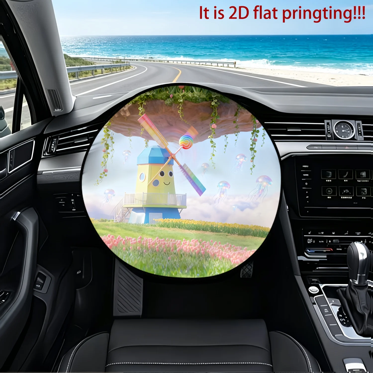 1pc Steering Wheel Cover With Floating Windmill House Print Design - Heat Insulation & Sun Shield, High-Temperature Resistant Su