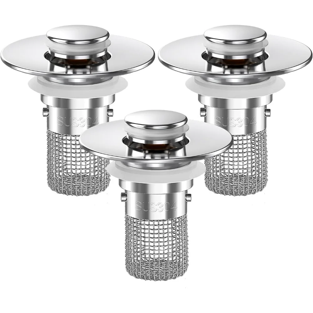 

3-Pack Pop-Up Sink Drain Strainers – Removable Stainless Steel Hair Catcher for Bathroom Sink