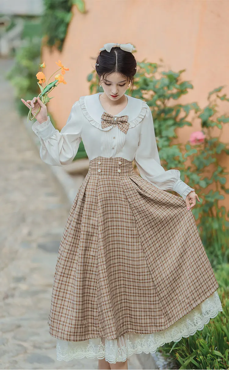 Kawaii Preppy Style Bow 2PCS Blouse Skirt Set Cute Peter-Pan Collar Solid Women Blouse High Waist Lace Plaid A-line Maxi Faldas