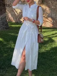 Luxury Women lace maxi dress Long shirt with belt Elegant White Embroidered dressees Sexy Beach Clothing Ladies 2023 INKEO 3D054