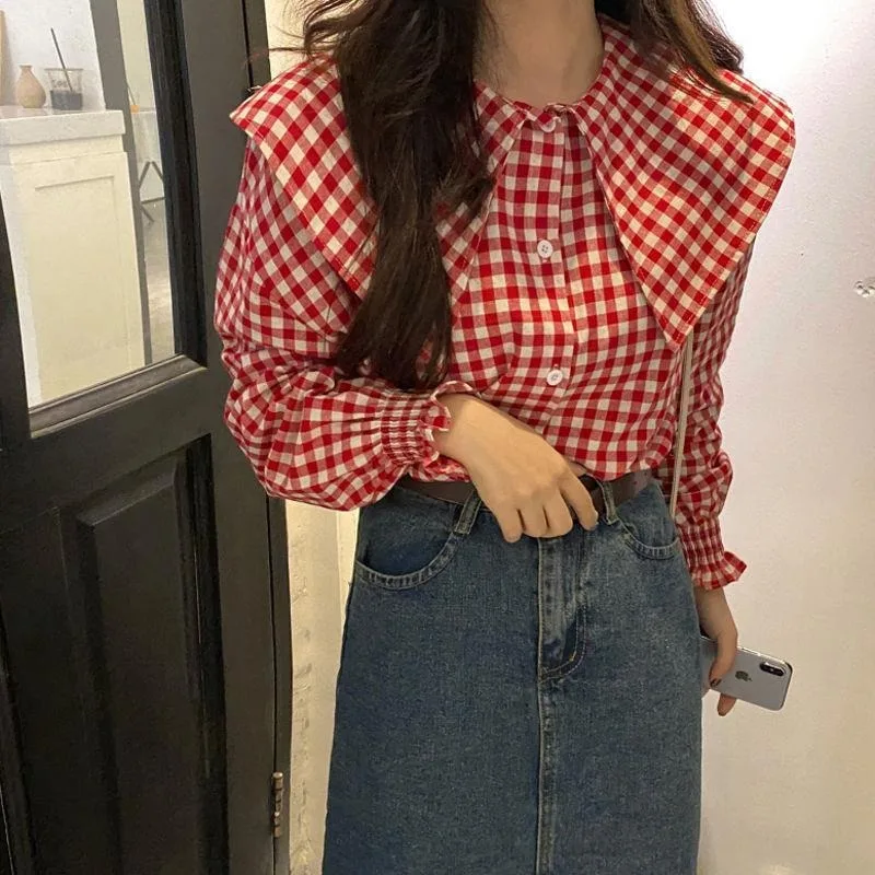 Chic Vintage Plaid Shirts Women Red Blue Peter Pan Collar Flare Sleeve Loose Sweet Students Preppy Autumn Winter Female Mujer