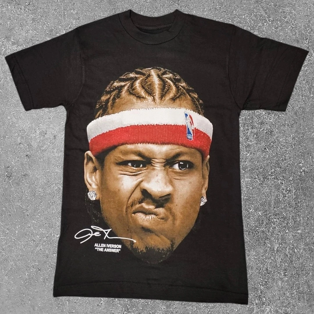 Retro Harajuku Streetwear Allen Iverson Big Face Basketball Pattern Polyester T Shirt Unisex Breathable Summer Crew Neck Casual