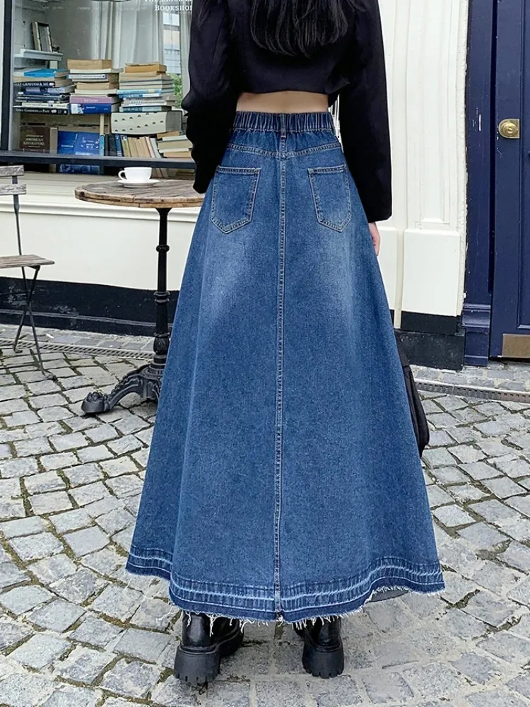 ZHISILAO New A-line Long Denim Skirt Women Vintage Casual Elastic Waist Jeans Skirt Summe 2023 Streetwear