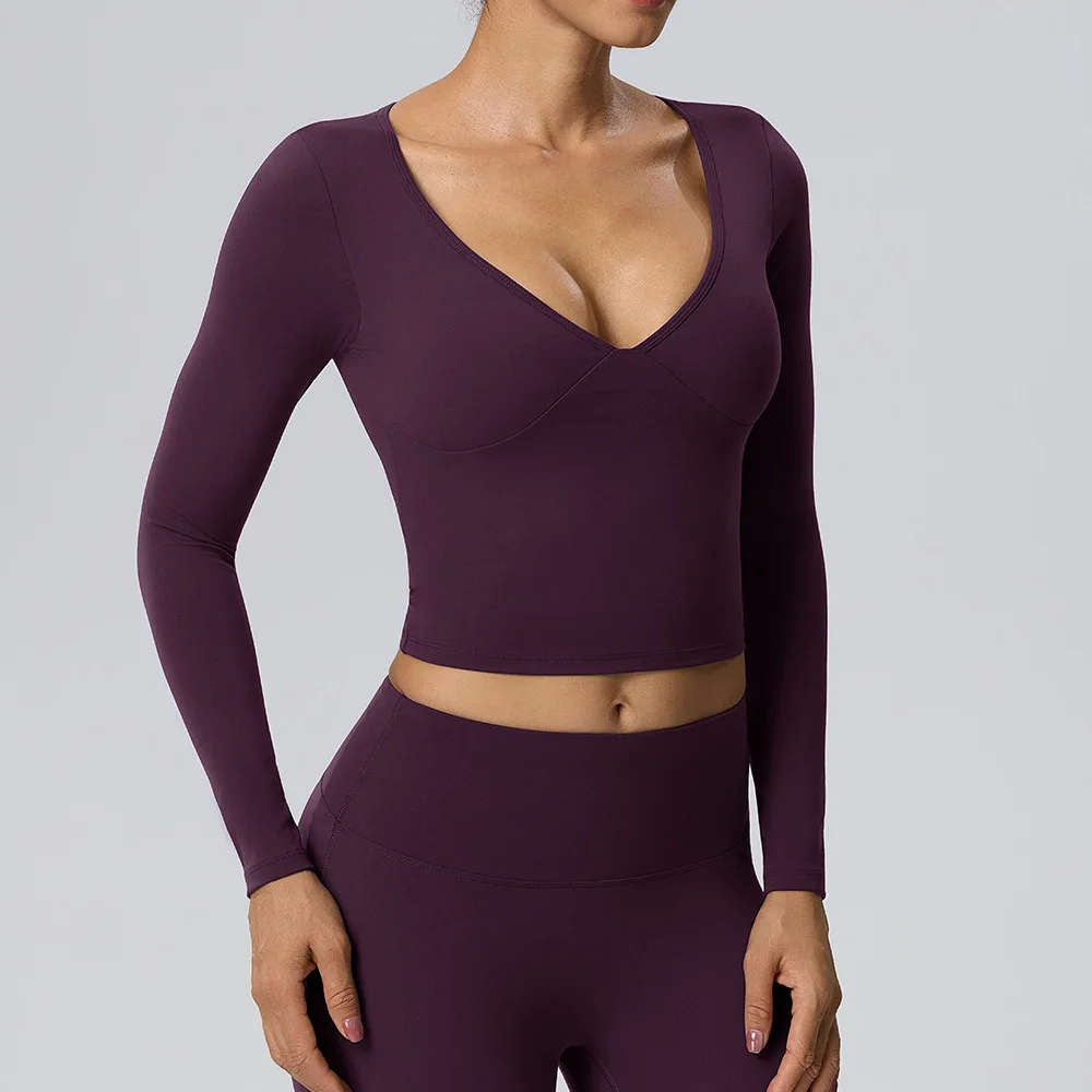 Women's yoga sexy V-neck yoga long sleeved nude quick drying  chest cushion sportswear fitness training Pilates top wire-free