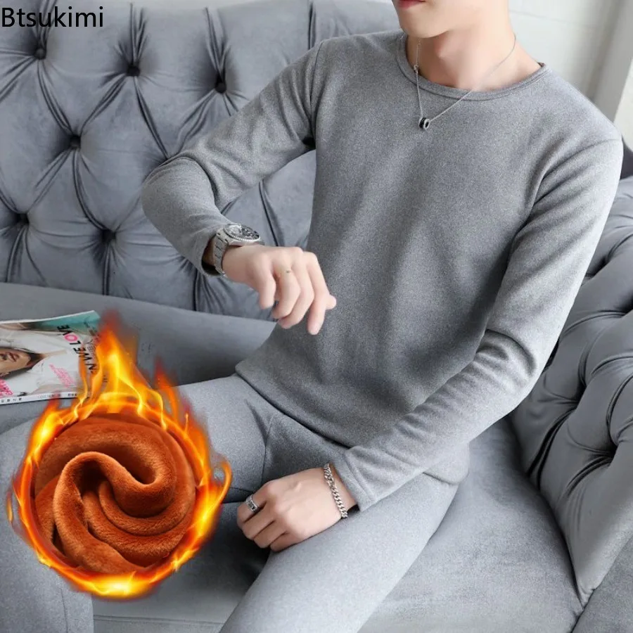 

New 2025 Men's Autumn Winter Thicken Fleece Lining Thermal Underwear Two Piece Sets O-neck Tops and Bottoms Men Long Johns Sets