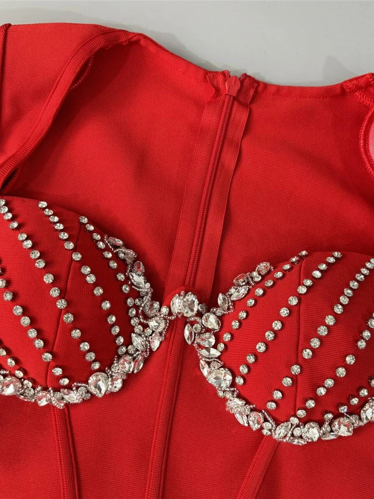 VC Radiant Red Long Sleeved Midi Dress with Crystal Embellishments for a Gala Event Evening Gown